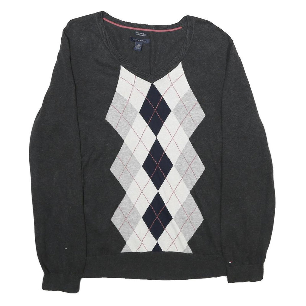 TOMMY HILFIGER Mens Charcoal Grey Patterned V-Neck Basic Knit 2XL Jumper Cotton