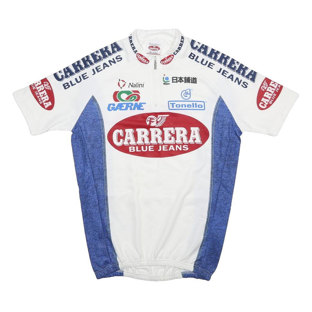 CARRERA Mens White & Blue Logo Cycling Short Sleeve Half Zip M Jersey