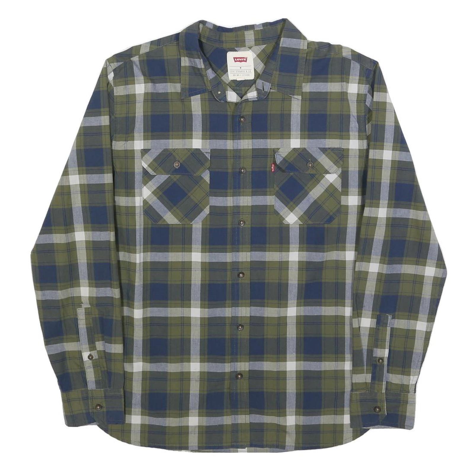 LEVI'S Mens Blue & Green Check Shirt M Cotton Blend Casual Long Sleeve Button