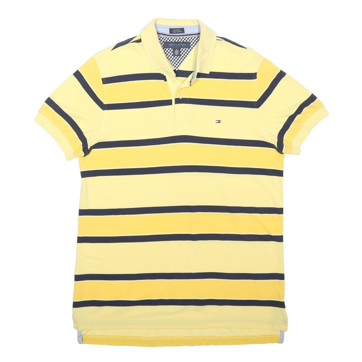 TOMMY HILFIGER Mens Yellow & Navy Stripe Short Sleeve Polo Shirt M Casual Cotton