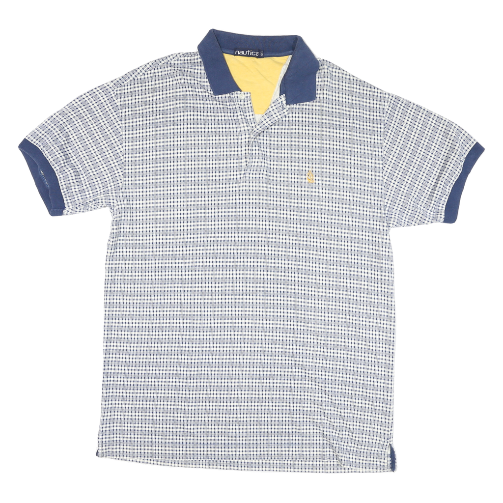 NAUTICA Mens Blue & White Check Short Sleeve Polo Shirt L Cotton Blend Casual