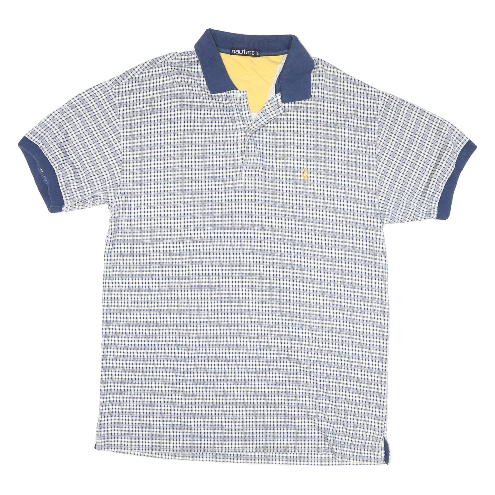 NAUTICA Mens Blue & White Check Short Sleeve Polo Shirt L Cotton Blend Casual