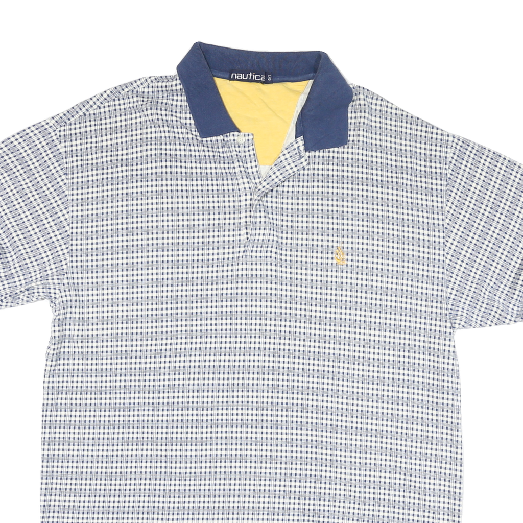 NAUTICA Mens Blue & White Check Short Sleeve Polo Shirt L Cotton Blend Casual