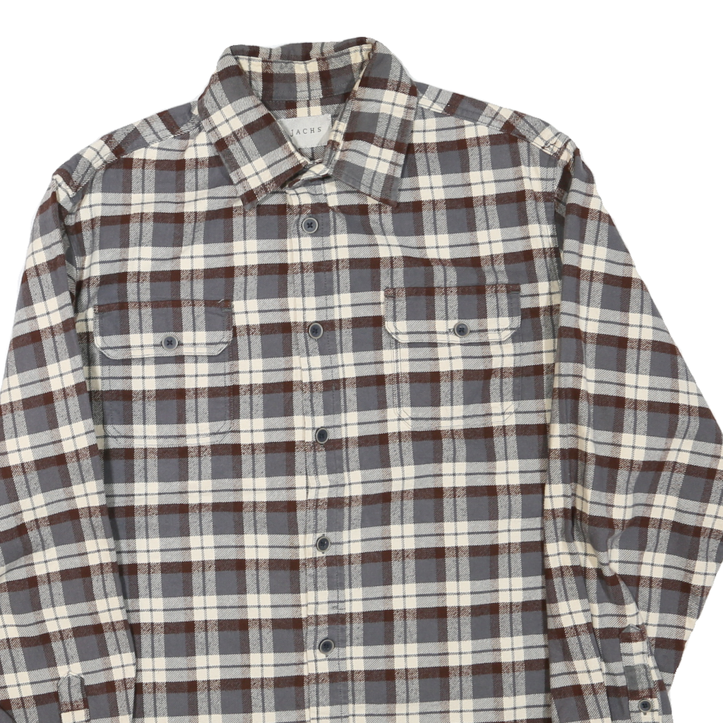 JACHS Mens Brown & Grey Check Shirt L Button Down Cotton Blend Casual Shirt