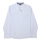 TOMMY HILFIGER Womens Blue Pinstripe Shirt L Classic Button Down Cotton Blend