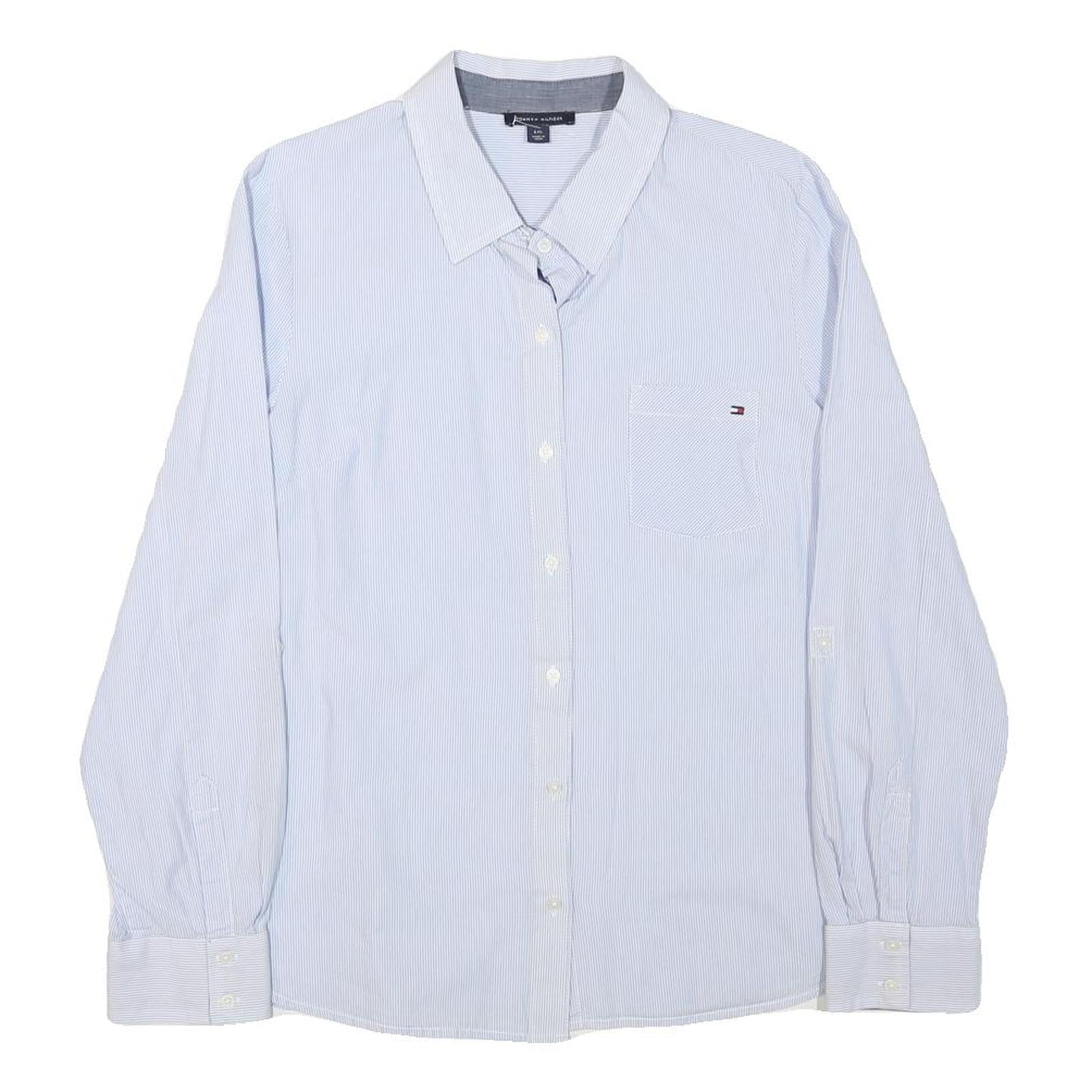 TOMMY HILFIGER Womens Blue Pinstripe Shirt L Classic Button Down Cotton Blend