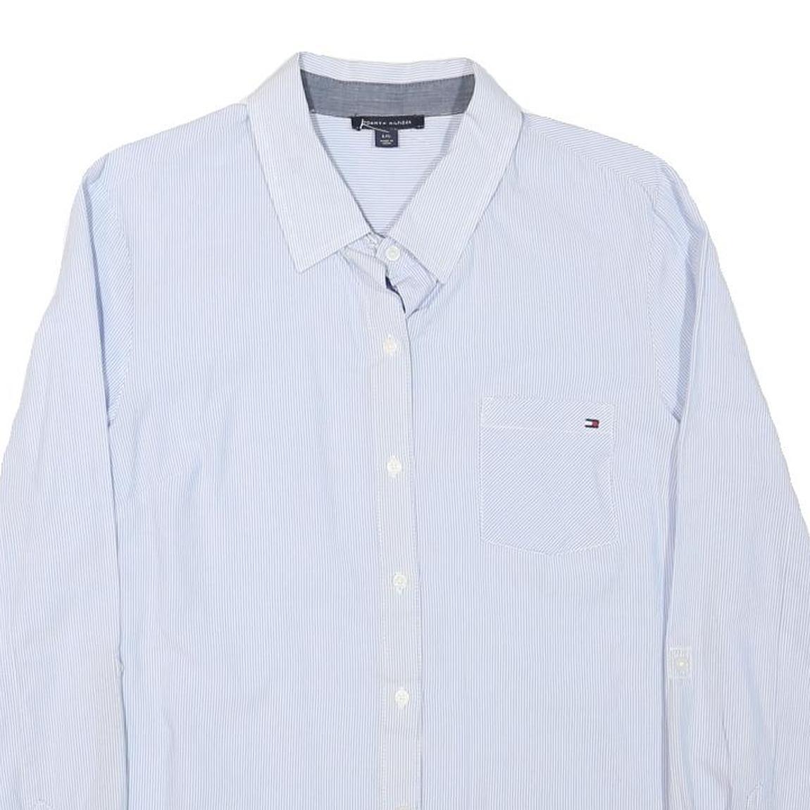 TOMMY HILFIGER Womens Blue Pinstripe Shirt L Classic Button Down Cotton Blend