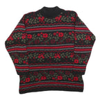 BASIC EDITIONS Womens Black & Red Floral Patterned Jumper Crew Neck Basic Knit