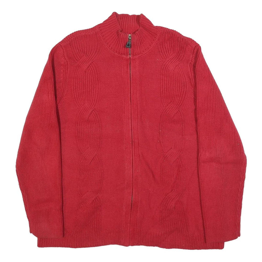 TOMMY HILFIGER Womens Red Patterned Cable Knit Full Zip Jumper 2XL Cotton Blend