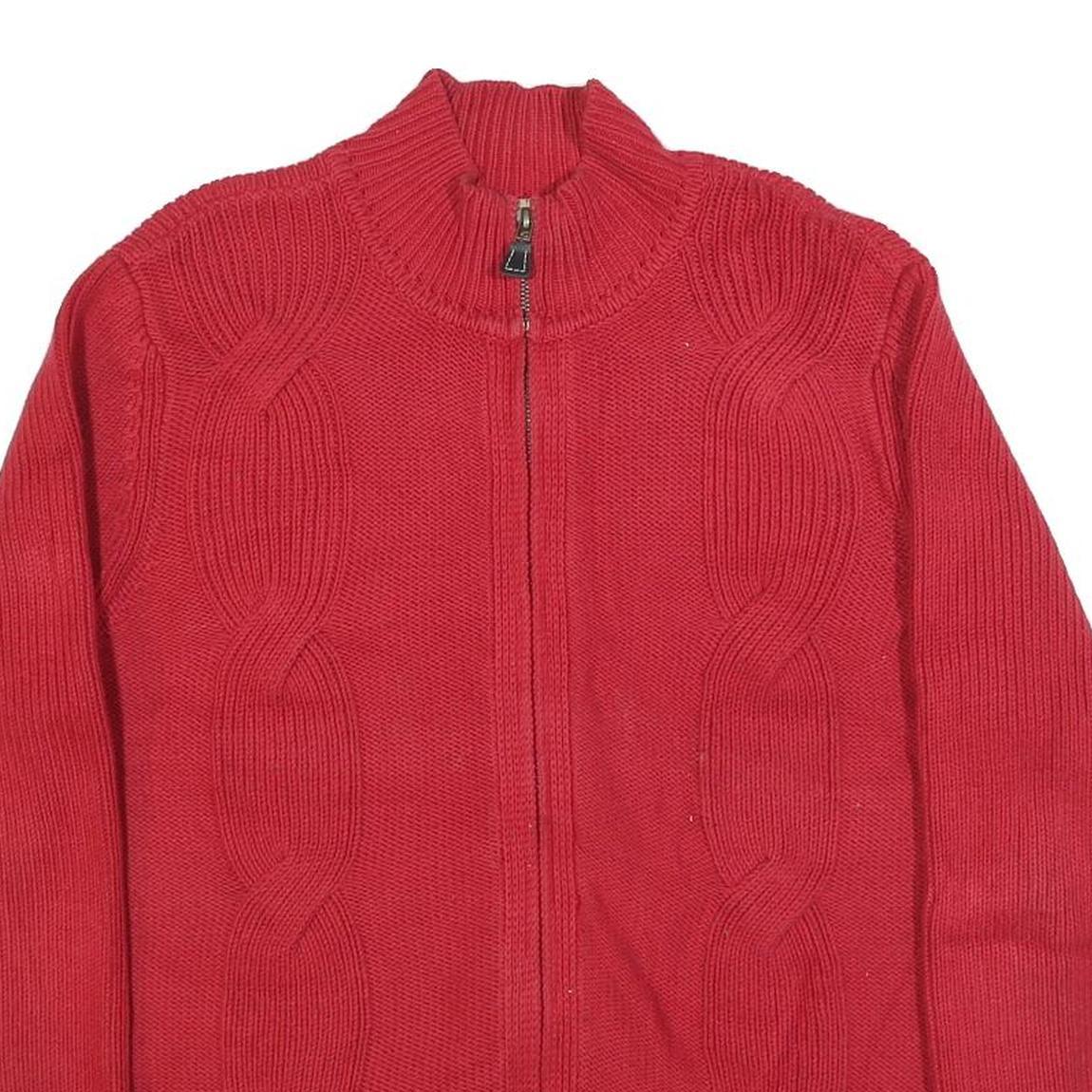 TOMMY HILFIGER Womens Red Patterned Cable Knit Full Zip Jumper 2XL Cotton Blend