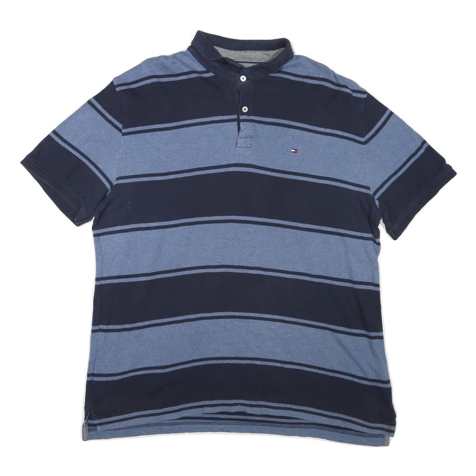 TOMMY HILFIGER Mens Blue & Navy Striped Short Sleeve Polo Shirt XL Cotton Blend