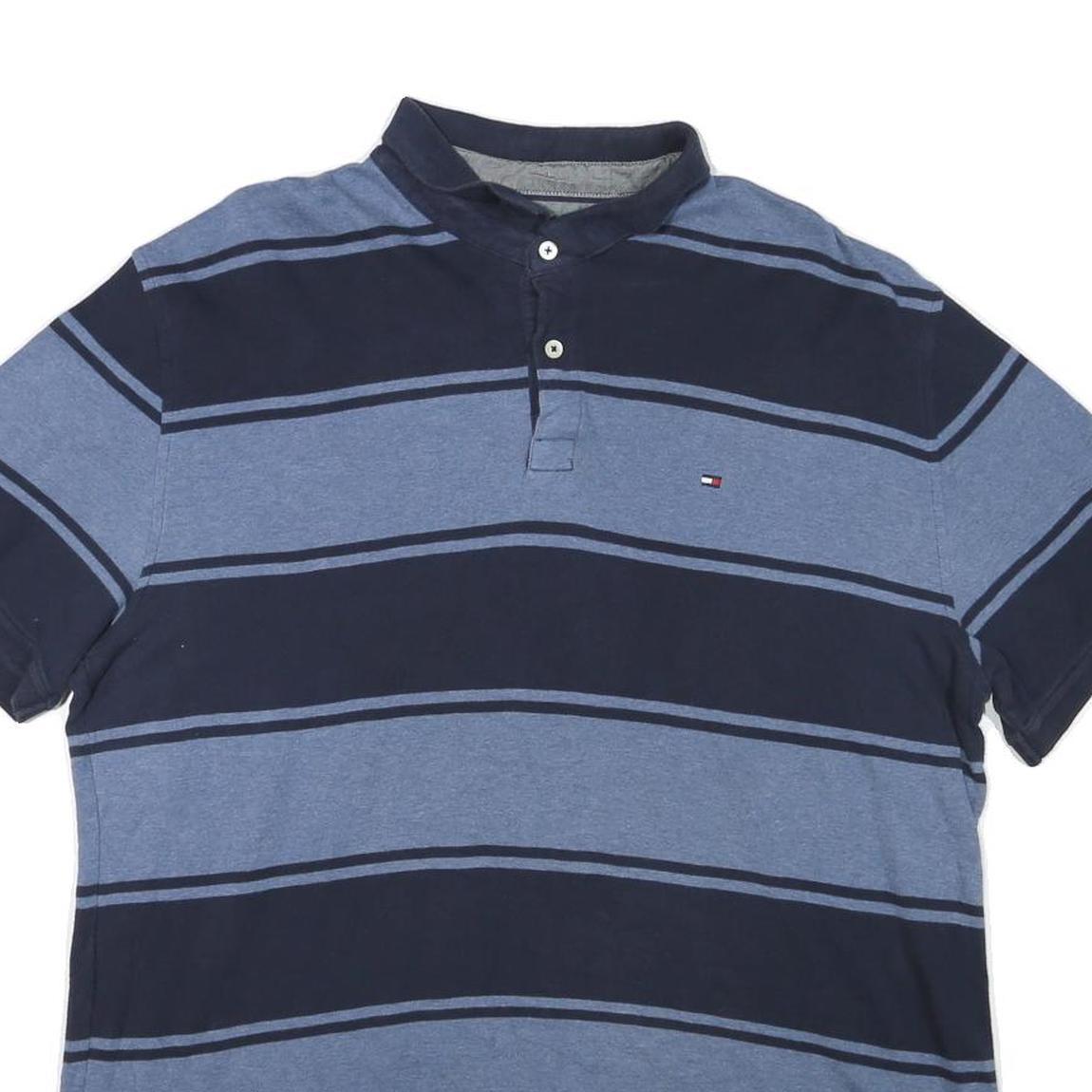 TOMMY HILFIGER Mens Blue & Navy Striped Short Sleeve Polo Shirt XL Cotton Blend