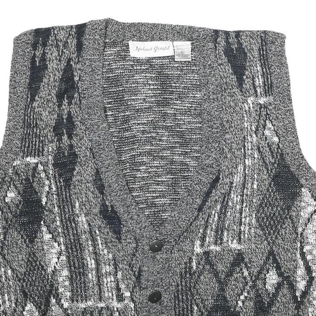 MICHAEL GERARD Mens Grey Patterned Jumper Vest Button Up V Neck Chunky Knit XL