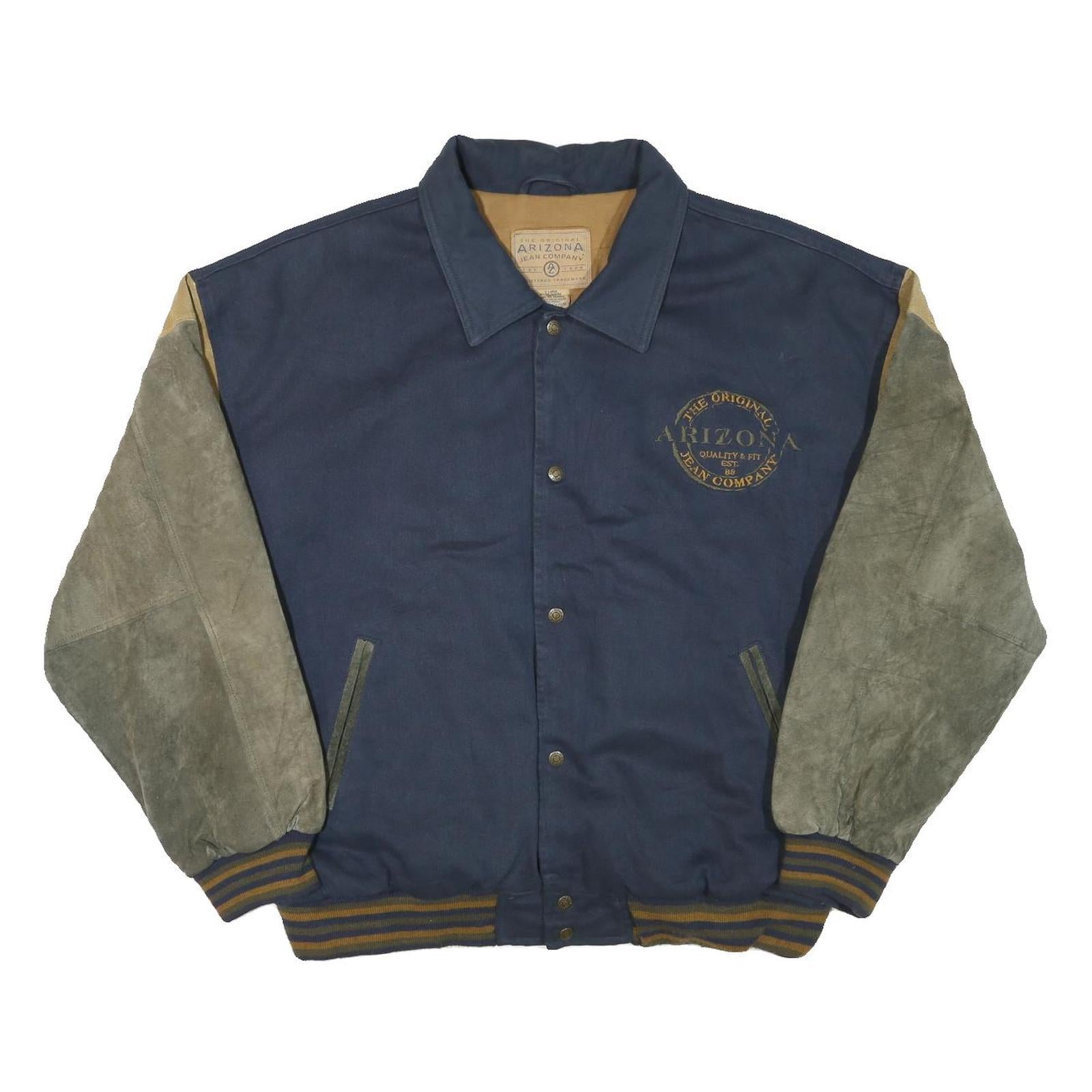 ARIZONA JEAN COMPANY Mens Blue Brown Cotton Blend Button Jacket XL Suede Sleeves