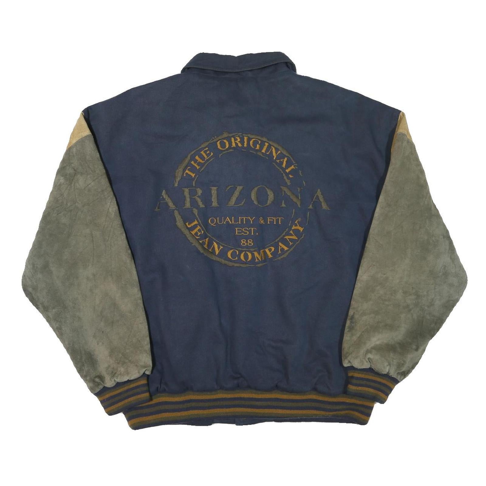 ARIZONA JEAN COMPANY Mens Blue Brown Cotton Blend Button Jacket XL Suede Sleeves