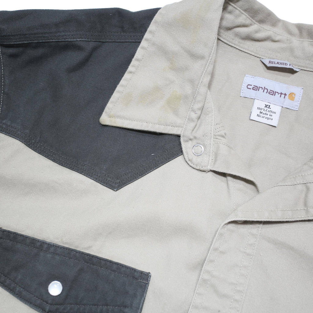 CARHARTT Mens Beige & Grey Cotton Blend Shirt XL Workwear Casual Button-Up