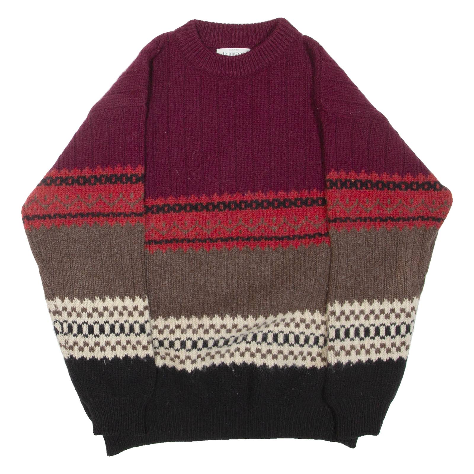 BENETTON Mens Patterned Jumper Maroon Striped Tight Knit Wool M