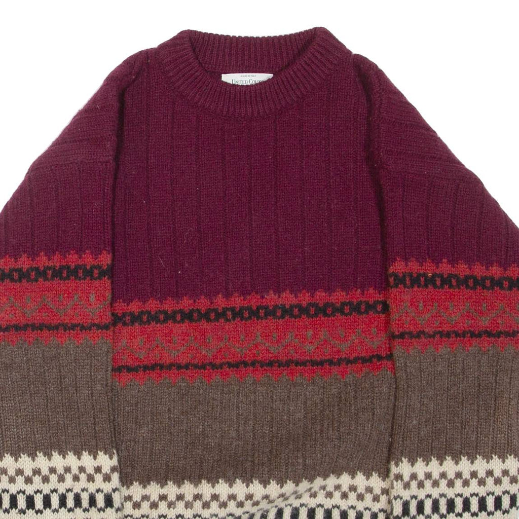 BENETTON Mens Patterned Jumper Maroon Striped Tight Knit Wool M
