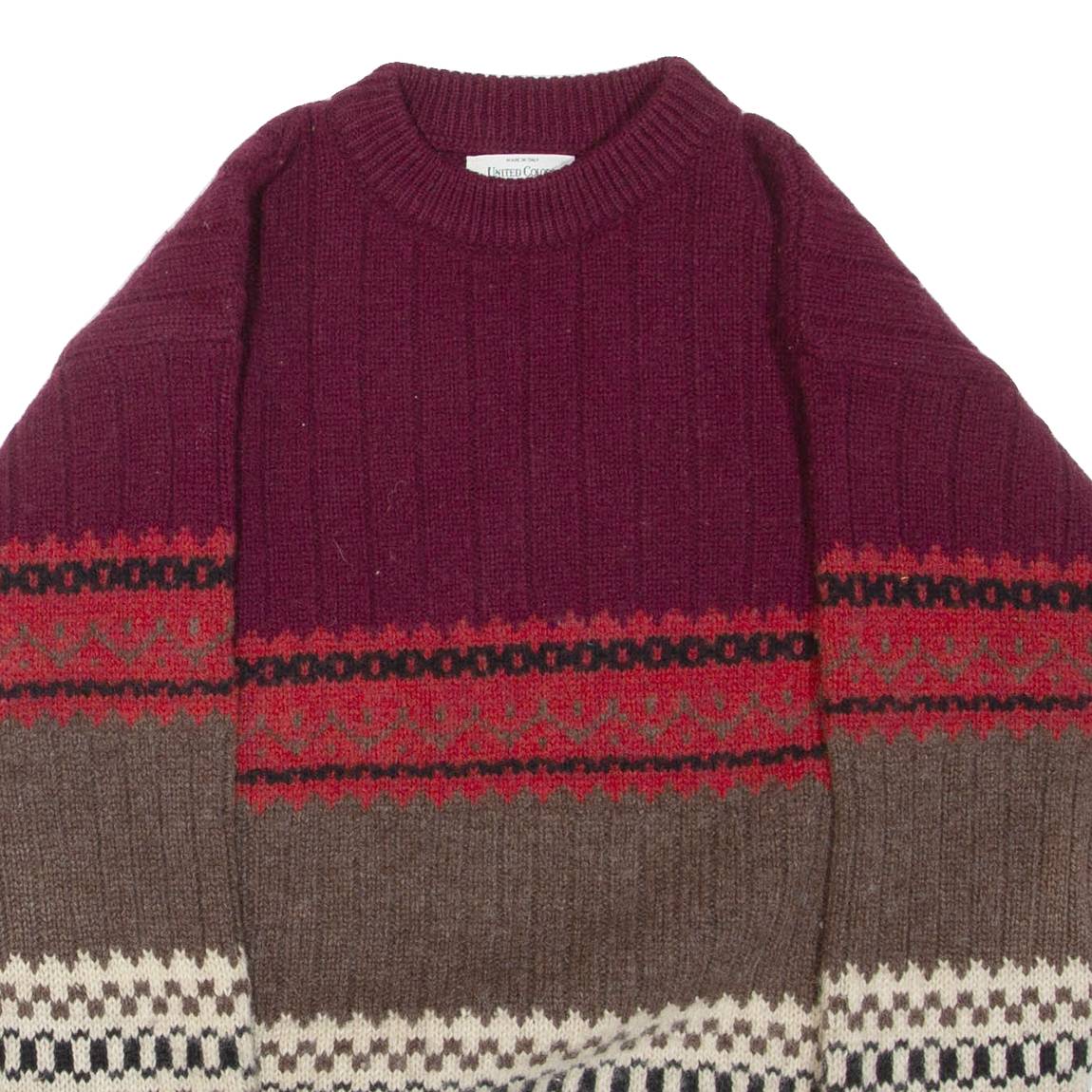 BENETTON Mens Patterned Jumper Maroon Striped Tight Knit Wool M