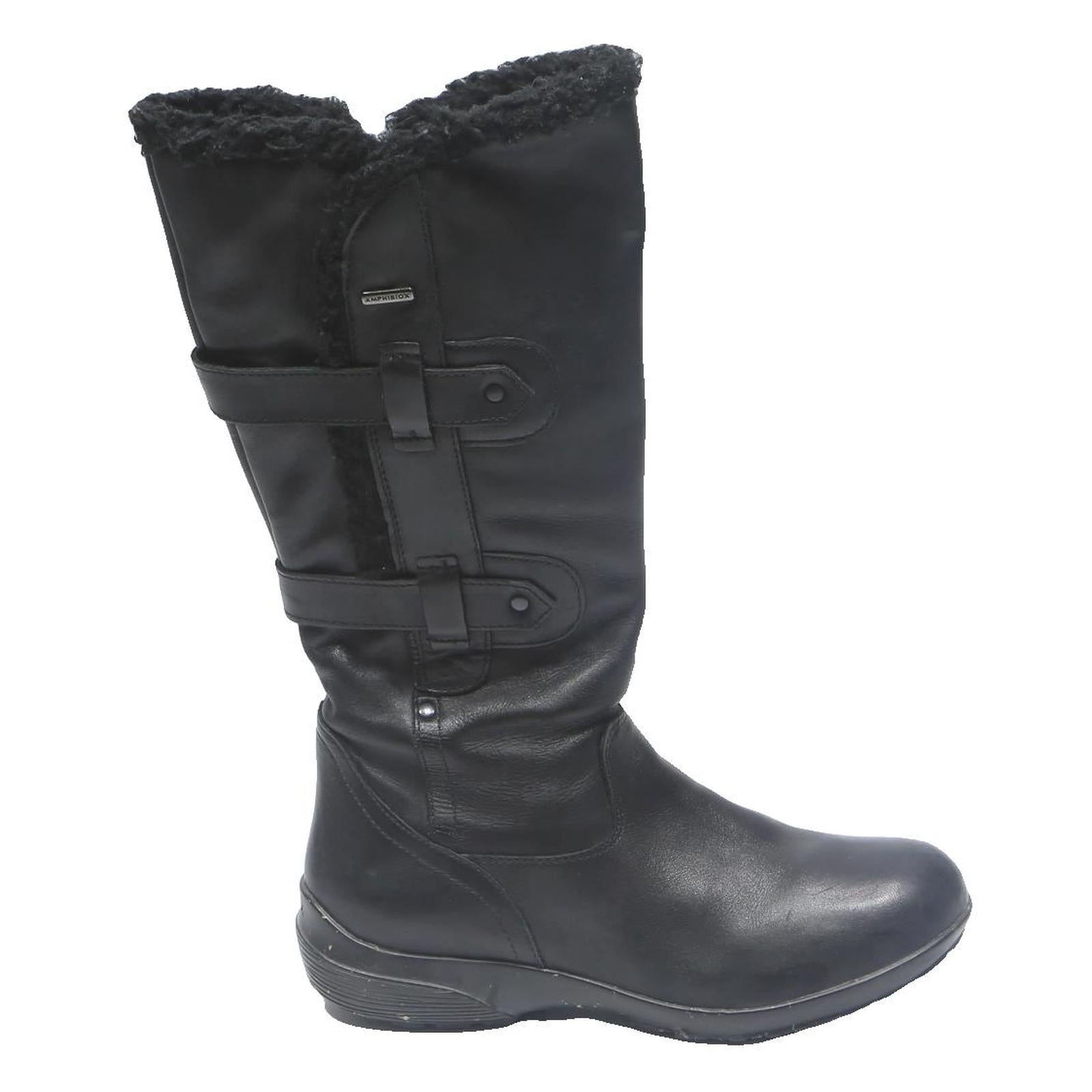 GEOX Womens Black Leather Mid Calf Boots UK 6 Warm Faux Fur Comfortable Winter