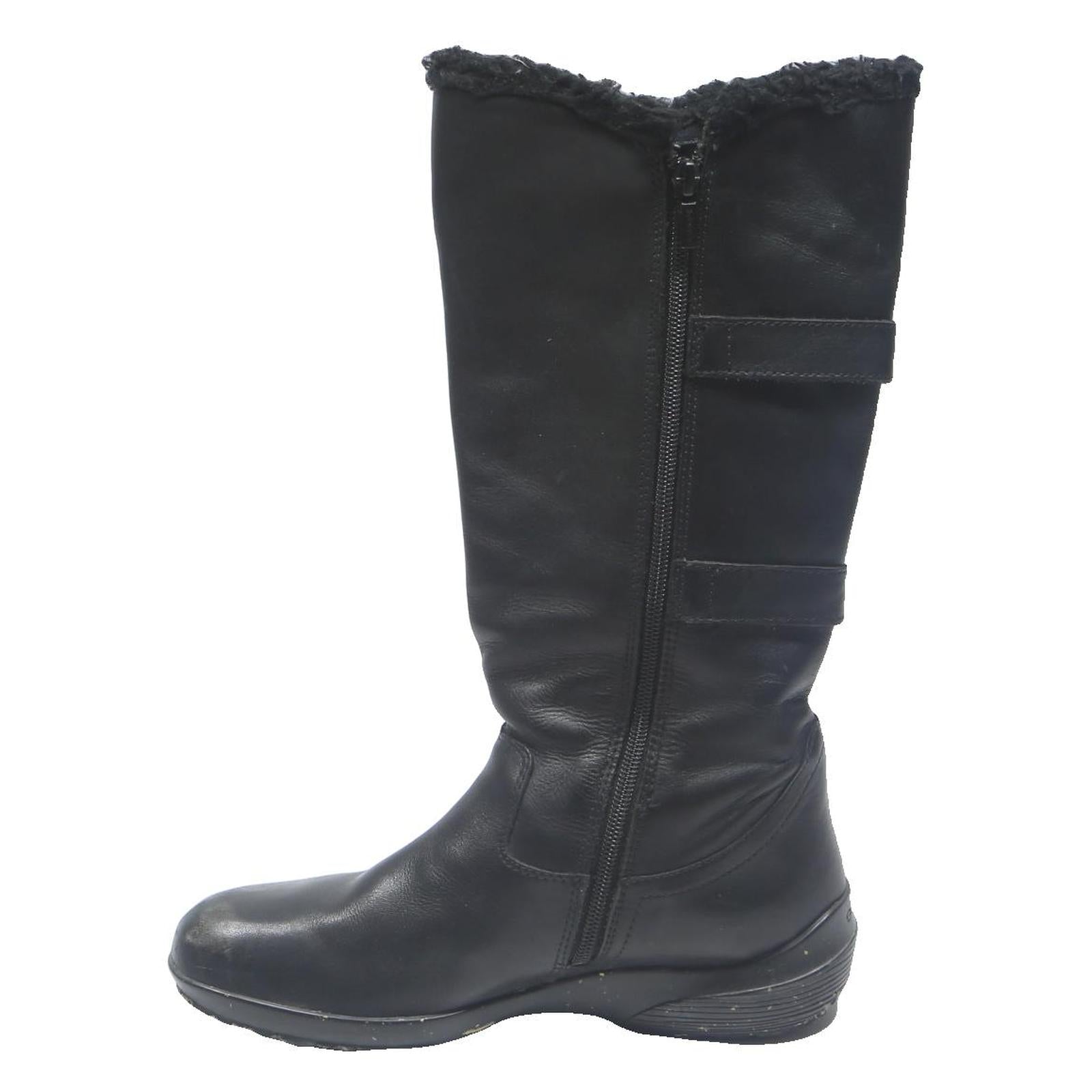 GEOX Womens Black Leather Mid Calf Boots UK 6 Warm Faux Fur Comfortable Winter