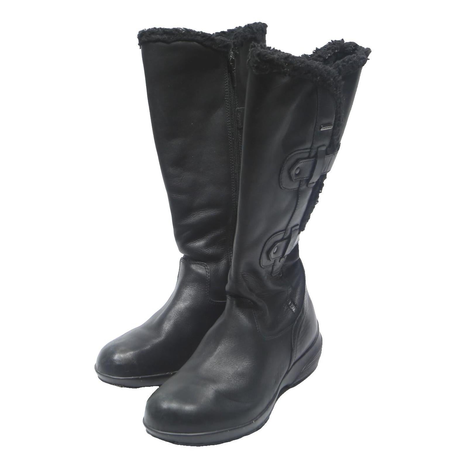 GEOX Womens Black Leather Mid Calf Boots UK 6 Warm Faux Fur Comfortable Winter