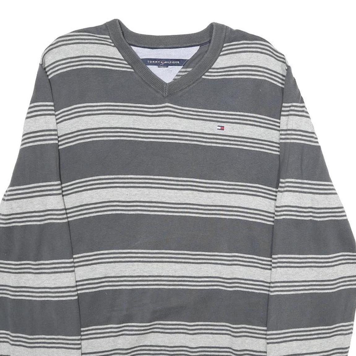 TOMMY HILFIGER Mens Grey & Light Grey Striped Plain V-Neck Basic Knit L Jumper