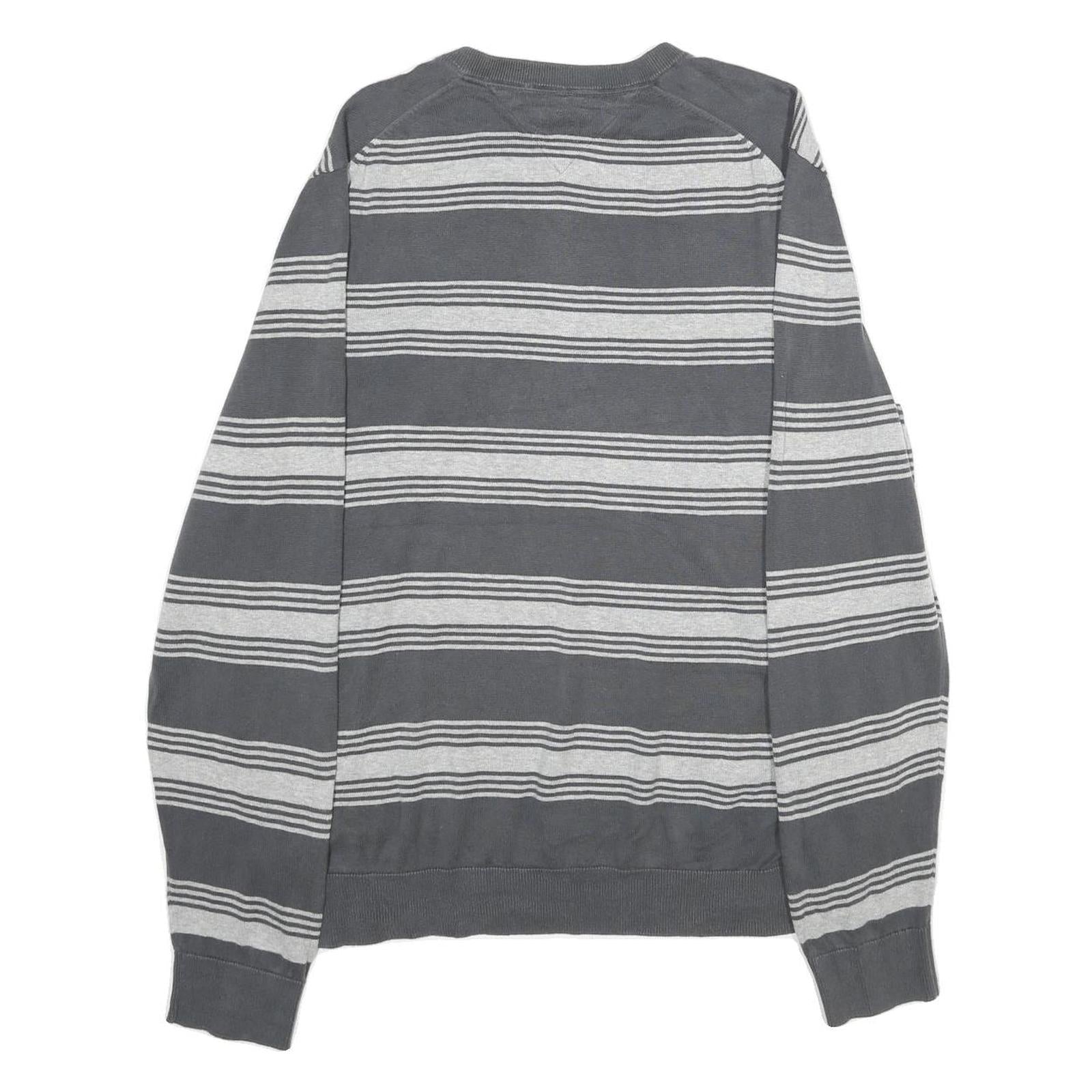 TOMMY HILFIGER Mens Grey & Light Grey Striped Plain V-Neck Basic Knit L Jumper