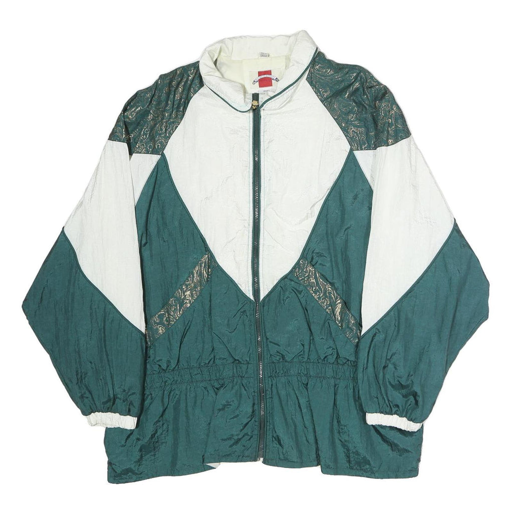 BEST UNITED GARMENTS Womens White & Green Retro Nylon Jacket XL Zip Athletic Fit