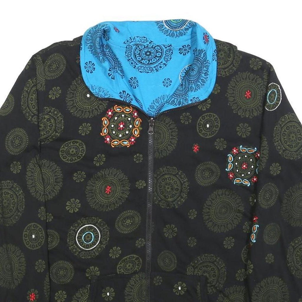 Womens Black & Blue Reversible Embroidered Cotton Blend Zip Jacket M Print