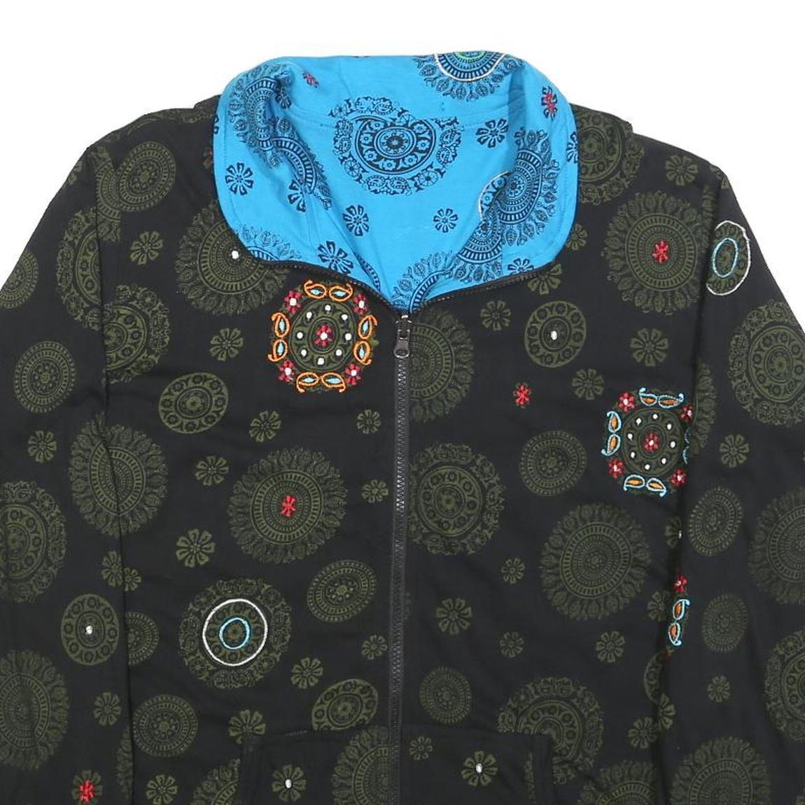 Womens Black & Blue Reversible Embroidered Cotton Blend Zip Jacket M Print