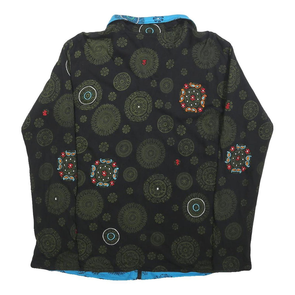 Womens Black & Blue Reversible Embroidered Cotton Blend Zip Jacket M Print