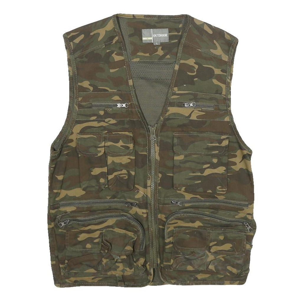 OUTDOOR Mens Green Camouflage Gilet L Cotton Woven Military Cargo Pockets