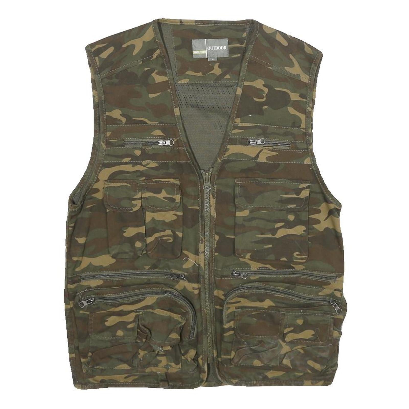 OUTDOOR Mens Green Camouflage Gilet L Cotton Woven Military Cargo Pockets