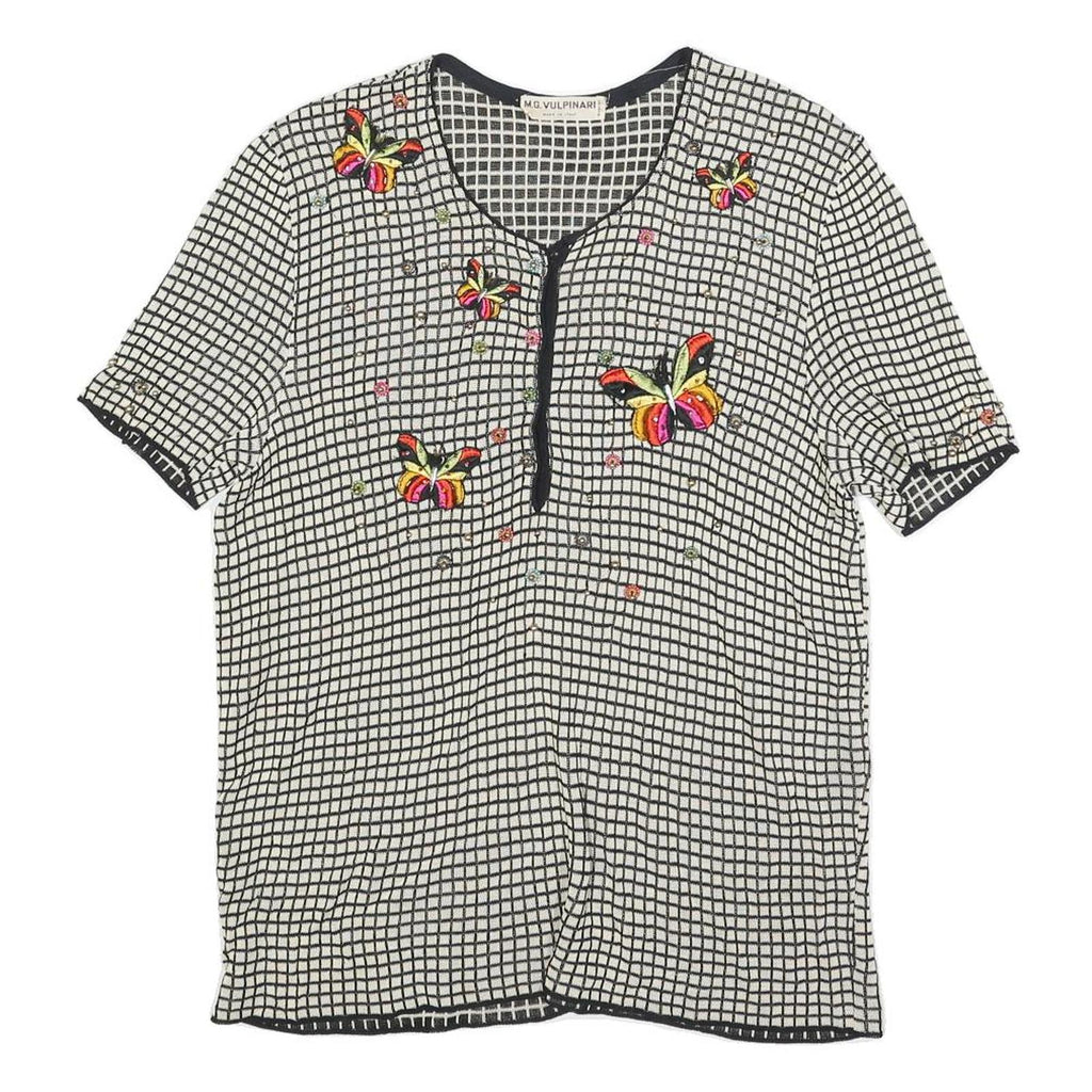 MG VULPINARI Womens Black & Cream Butterfly Printed Top Short Sleeve Round Neck