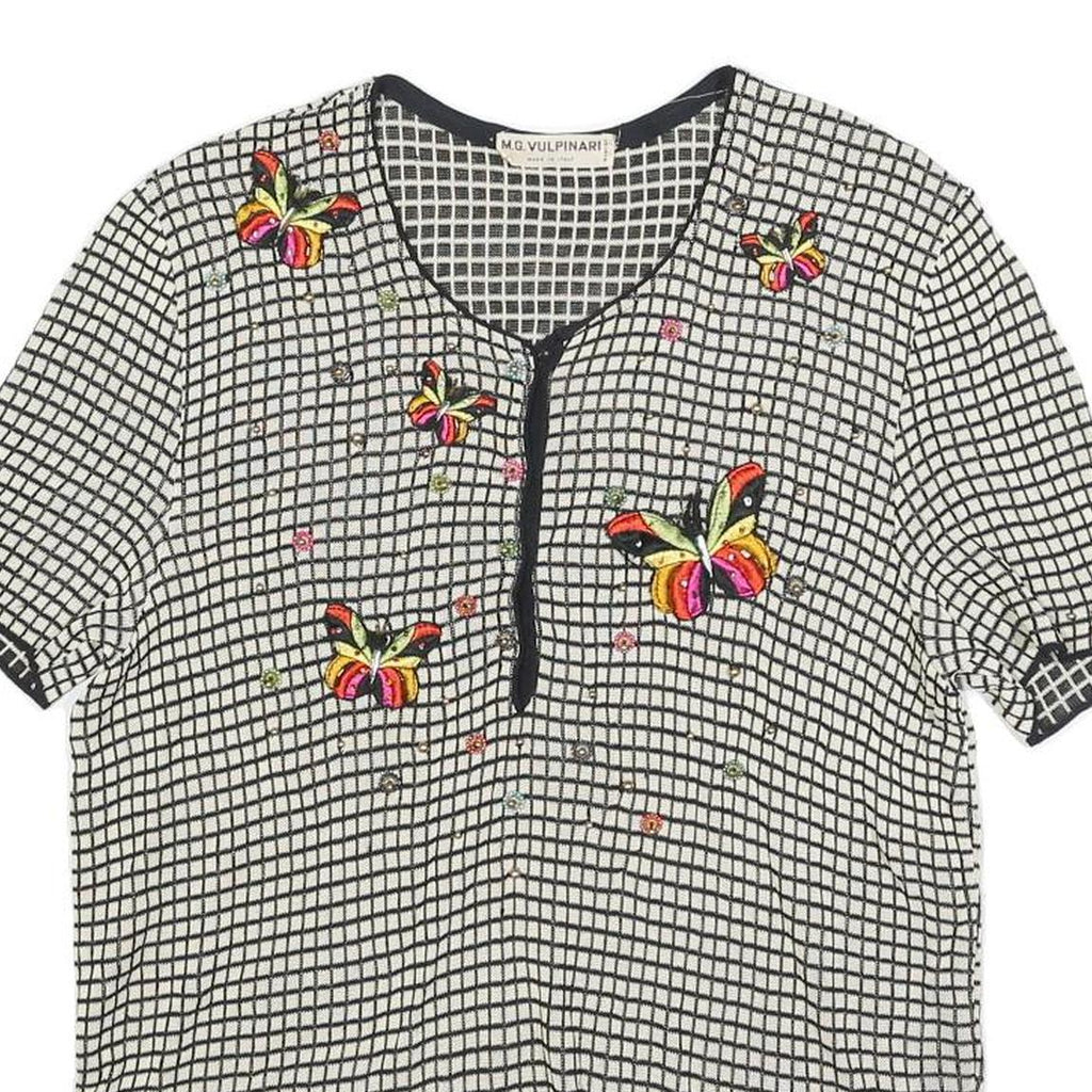 MG VULPINARI Womens Black & Cream Butterfly Printed Top Short Sleeve Round Neck