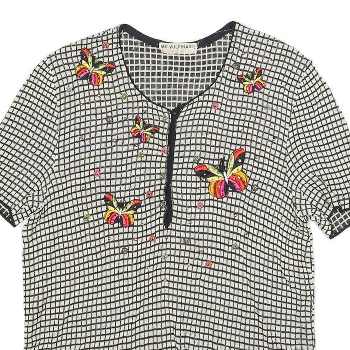 MG VULPINARI Womens Black & Cream Butterfly Printed Top Short Sleeve Round Neck