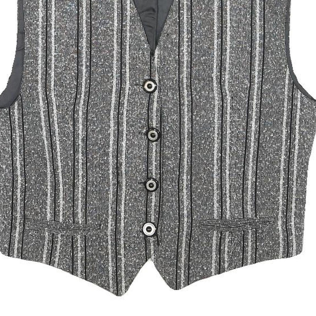 Womens Grey Striped Classic Button Cotton Blend Waistcoat XS Woven Stylish