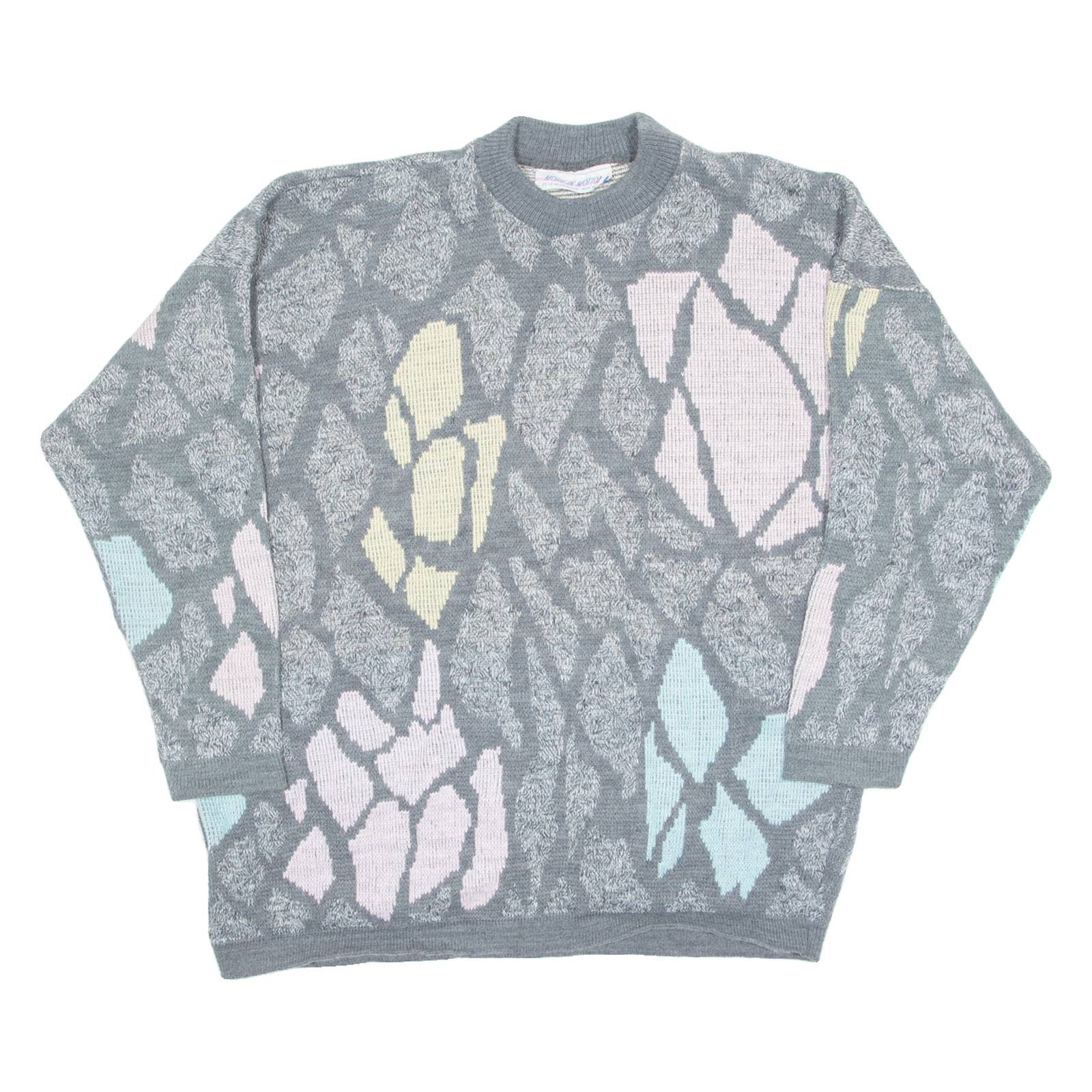 MORE IN MOTION Womens Patterned Jumper Grey Crazy Pattern 90s L