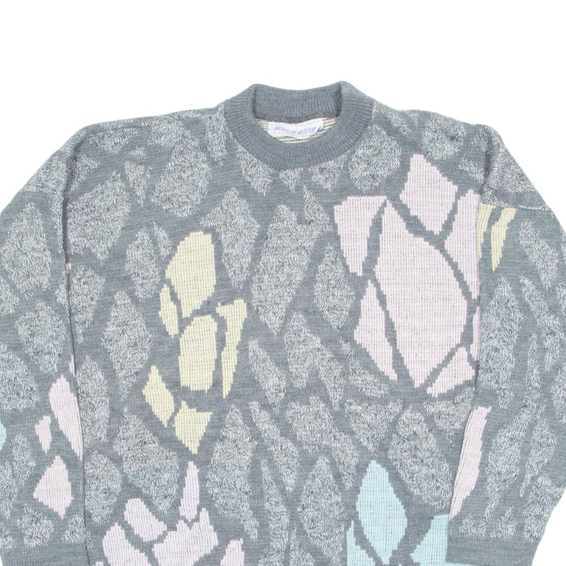 MORE IN MOTION Womens Patterned Jumper Grey Crazy Pattern 90s L