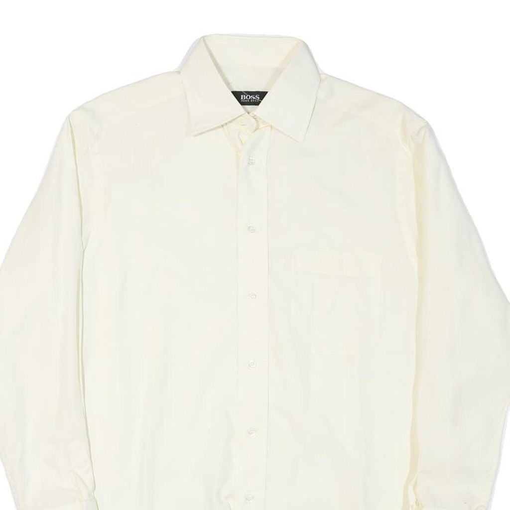 HUGO BOSS Mens White Plain Shirt M Classic Fit Cotton Blend Long Sleeve Button