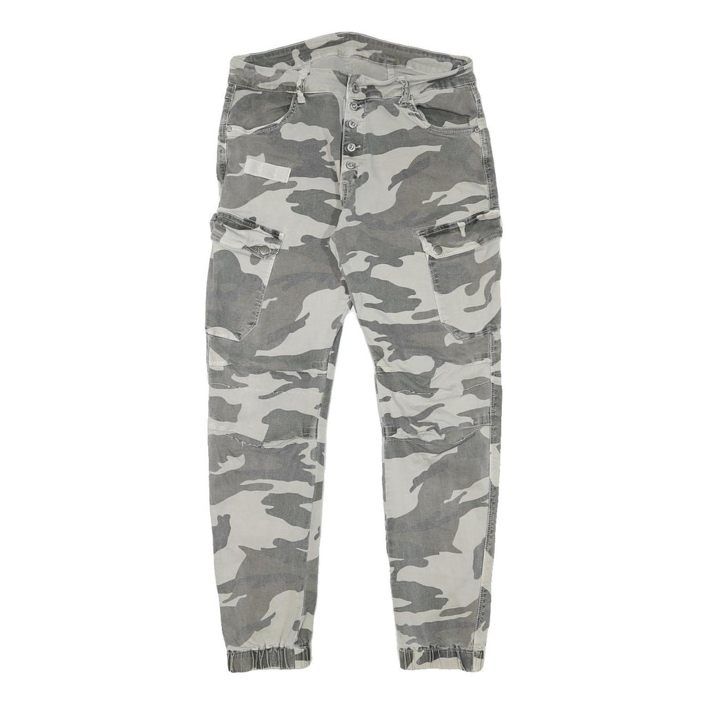 Womens Relaxed Grey & White Camo Button Trousers W30 L28 Casual Cargo Style