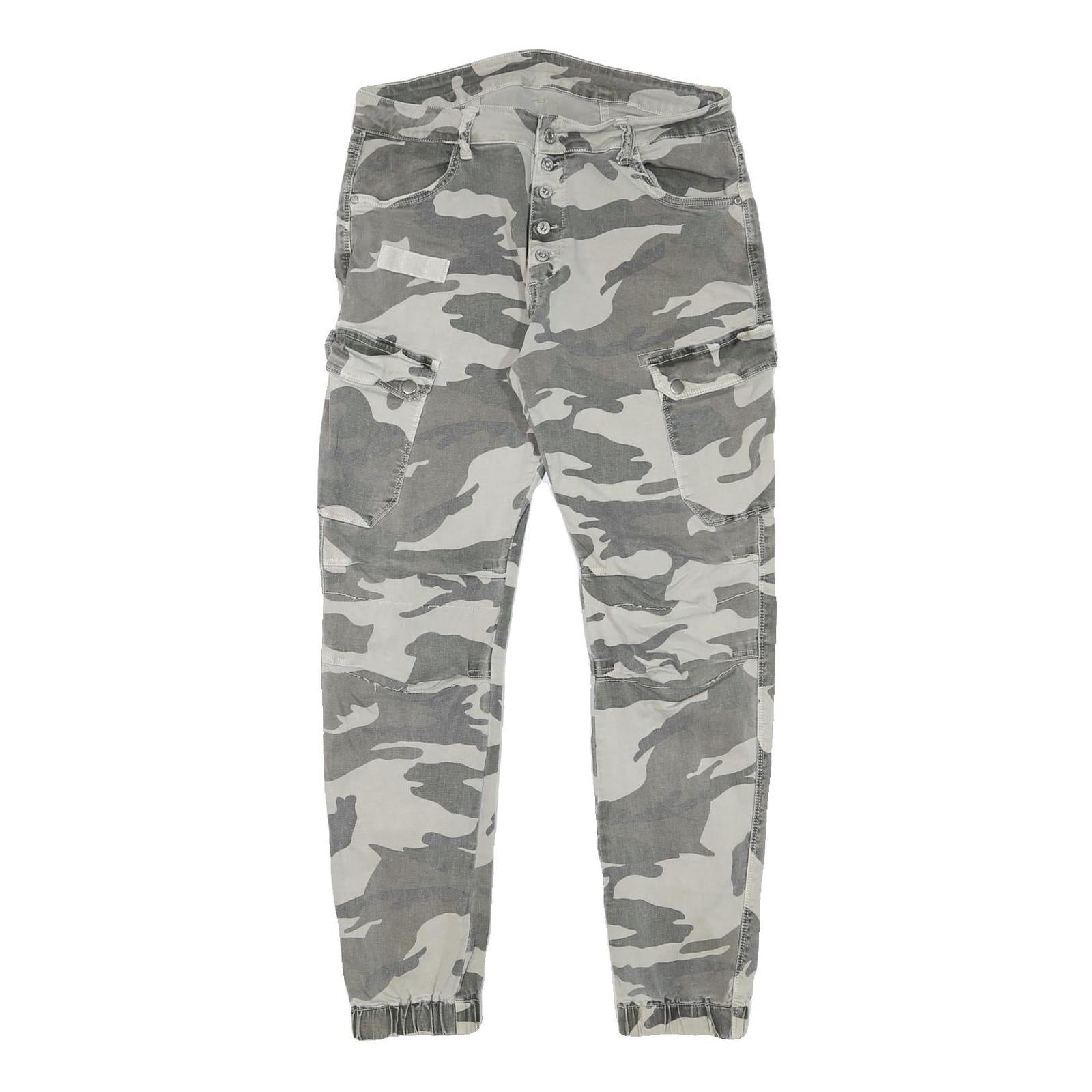 Womens Relaxed Grey & White Camo Button Trousers W30 L28 Casual Cargo Style