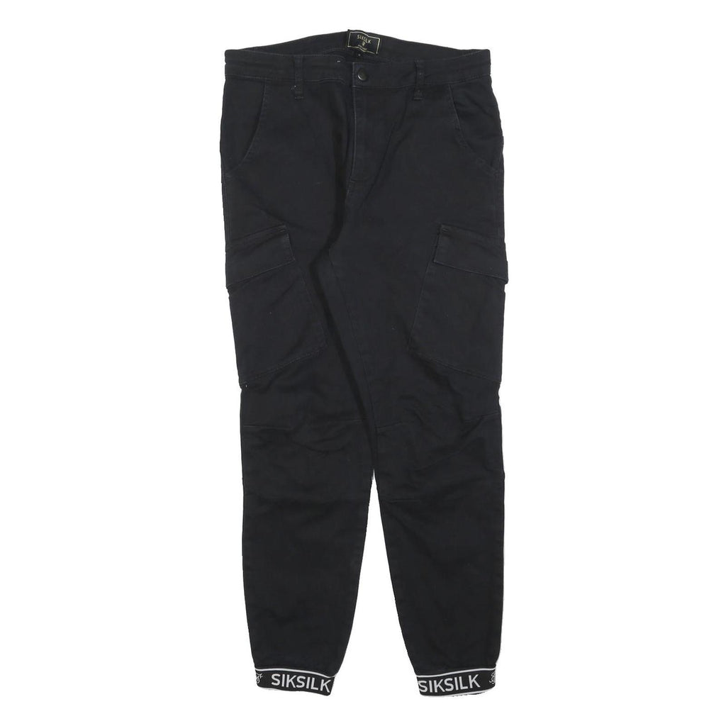 SIKSILK Mens Black Slim Cargo Trousers W30 L27 Cotton Blend Zip Pockets
