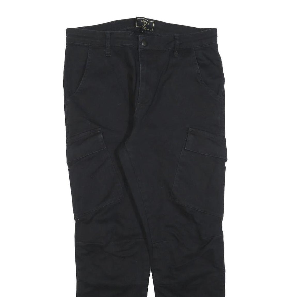 SIKSILK Mens Black Slim Cargo Trousers W30 L27 Cotton Blend Zip Pockets