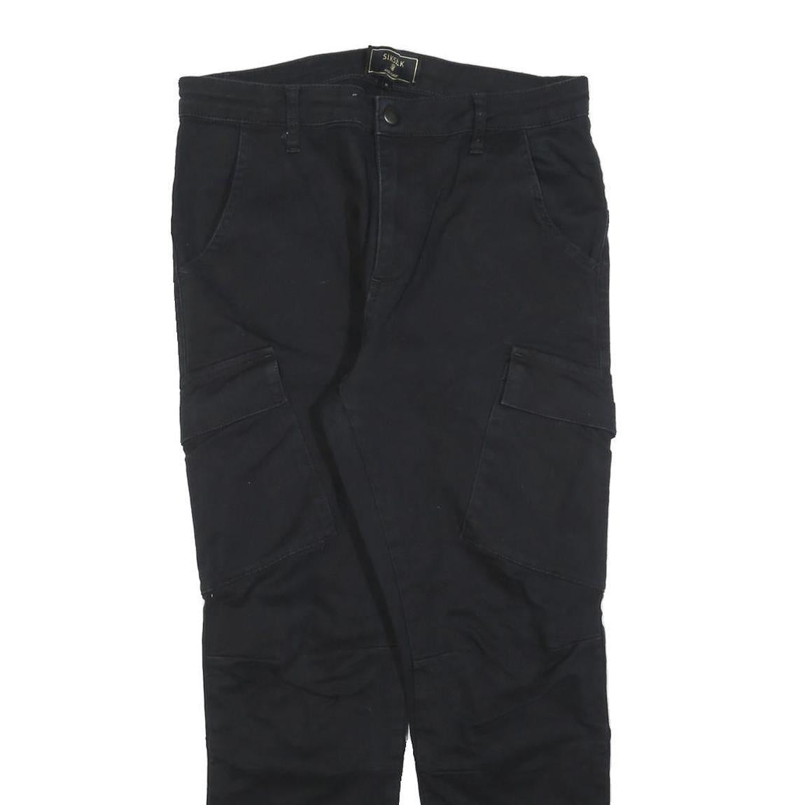 SIKSILK Mens Black Slim Cargo Trousers W30 L27 Cotton Blend Zip Pockets