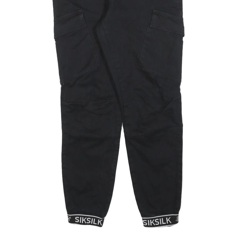 SIKSILK Mens Black Slim Cargo Trousers W30 L27 Cotton Blend Zip Pockets