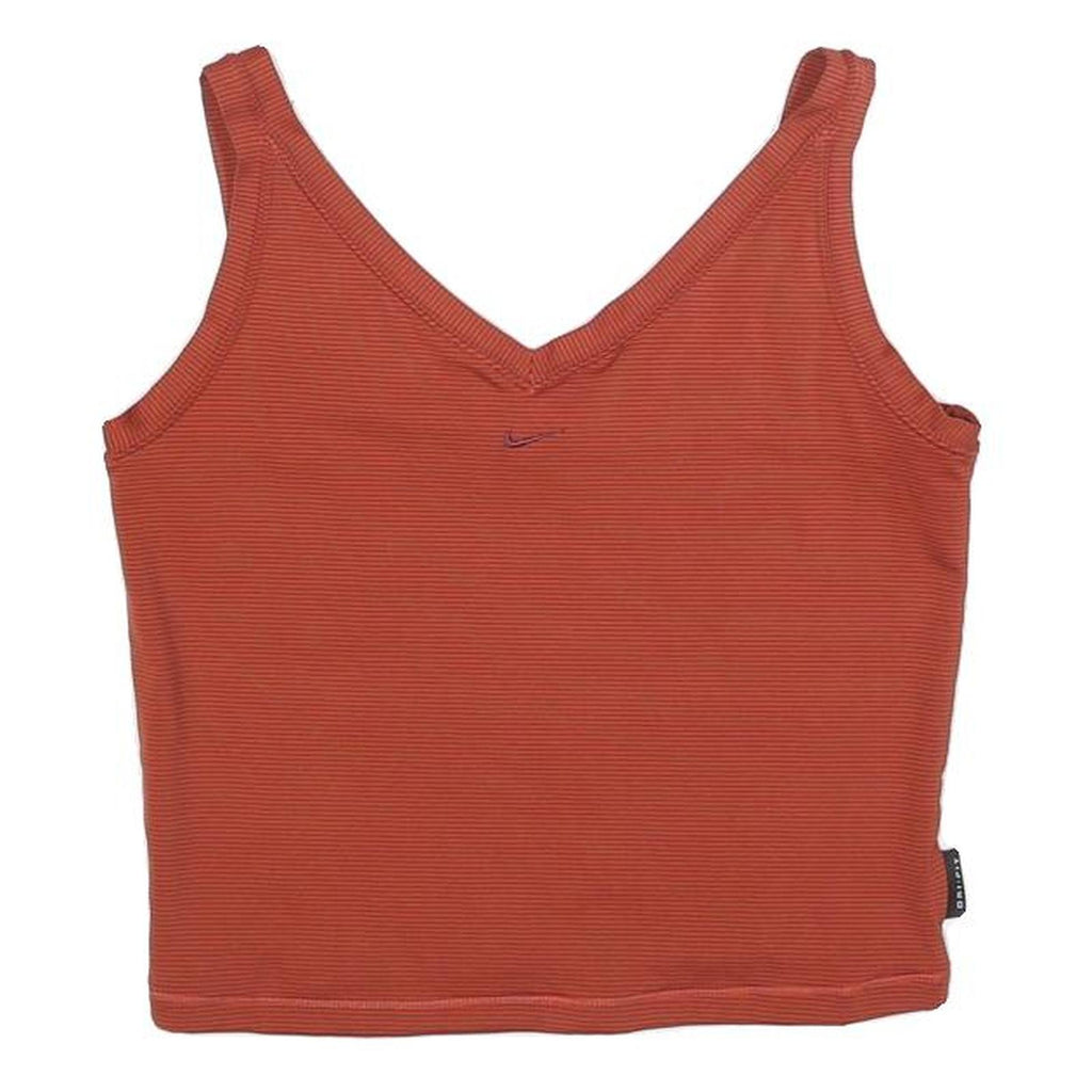 NIKE Womens Red Orange Ribbed Crop Top Sleeveless V-Neck L Swoosh Embroidered