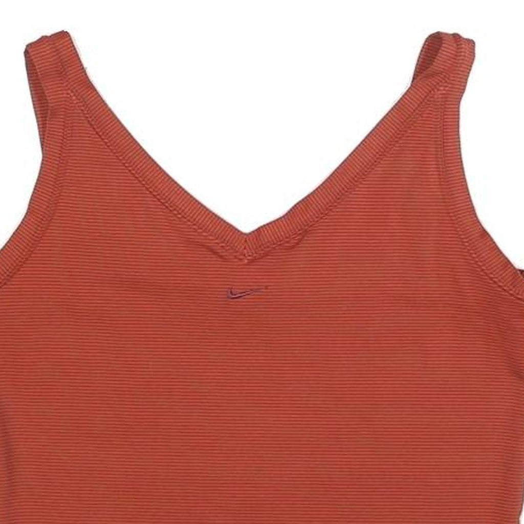 NIKE Womens Red Orange Ribbed Crop Top Sleeveless V-Neck L Swoosh Embroidered