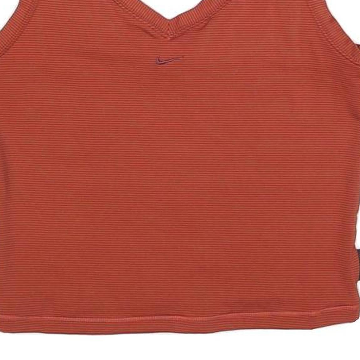 NIKE Womens Red Orange Ribbed Crop Top Sleeveless V-Neck L Swoosh Embroidered